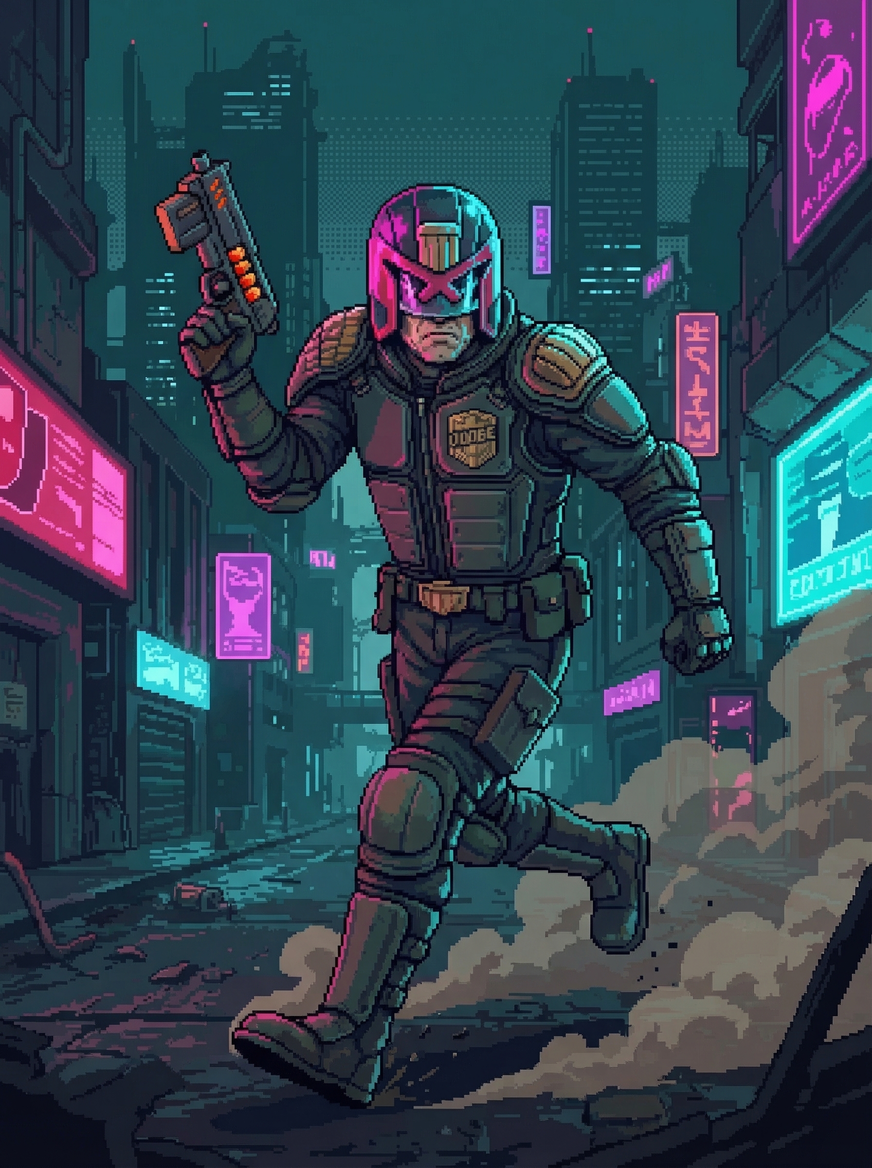 Judge Dreg in action — enforcement posture, The Executioner transitioning from slung to ready