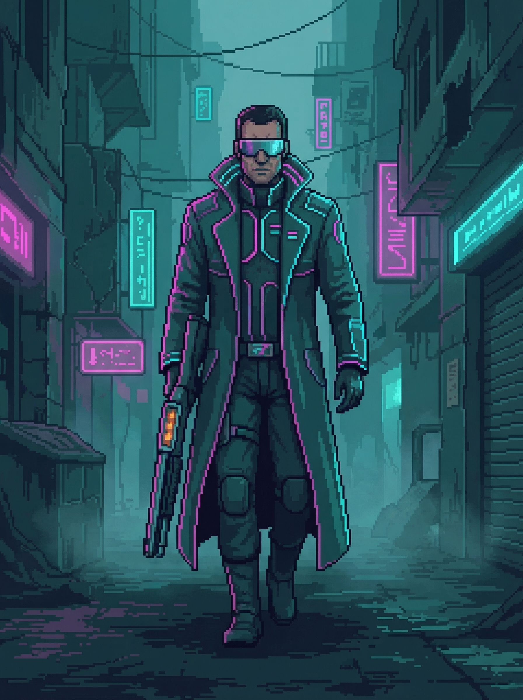 Judge Dreg — full figure: leopard coat, cowboy hat, mirror shades, The Executioner across his back