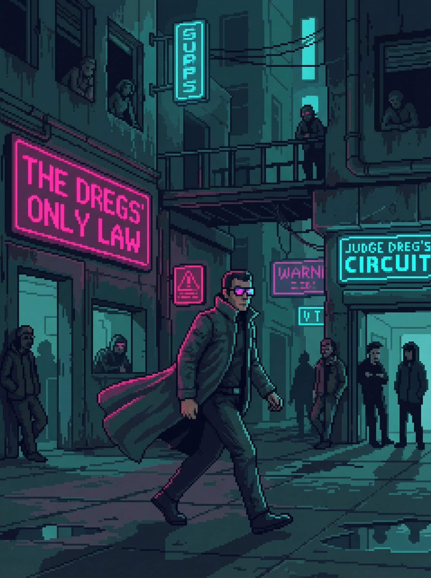 Judge Dreg walking his circuit through the Dregs — neon reflections in mirror shades, leopard coat catching the light, The Executioner visible above his shoulder