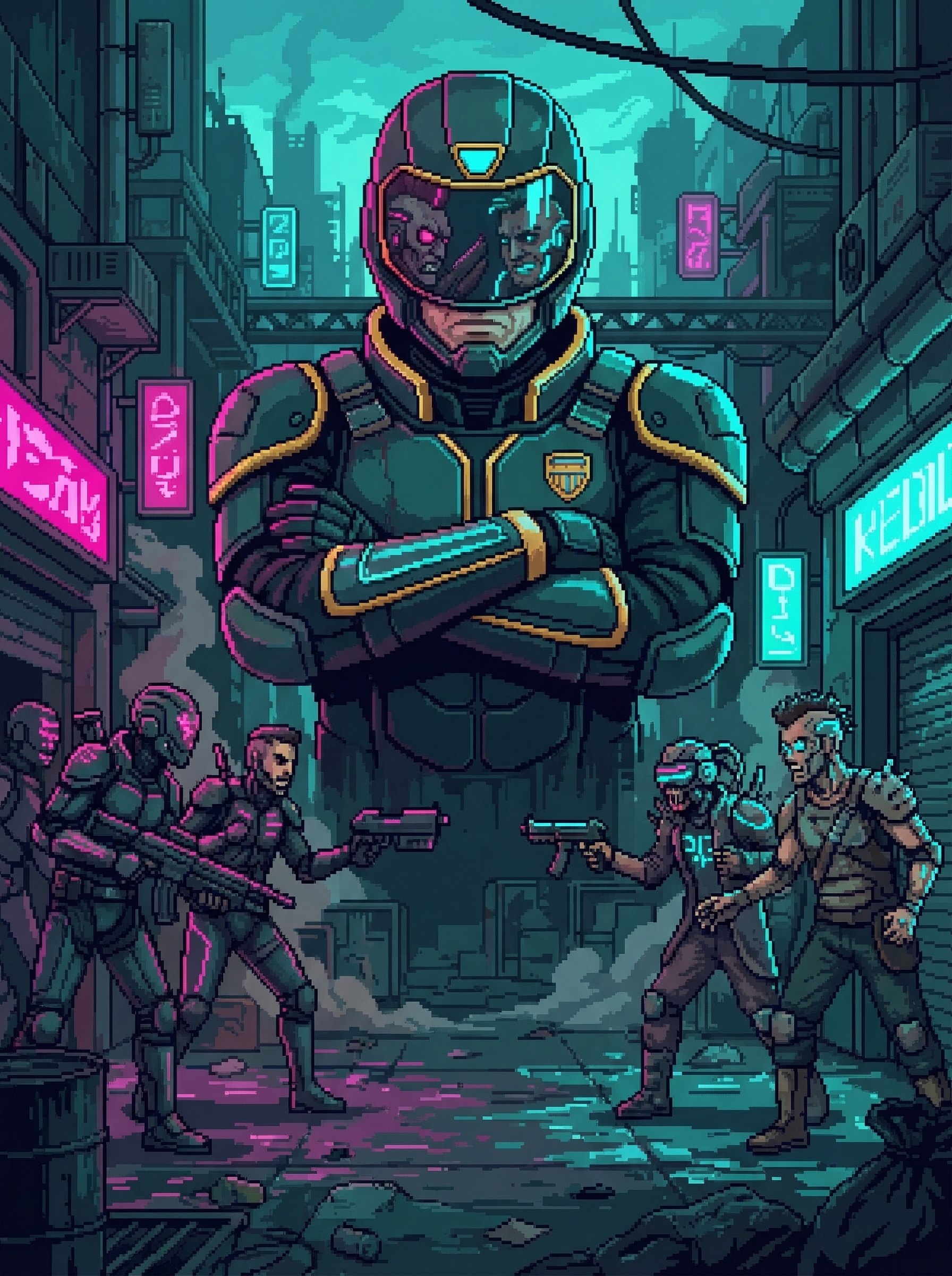 Judge Dreg standing between two parties during a mediation — shades tracking, reading every word and silence