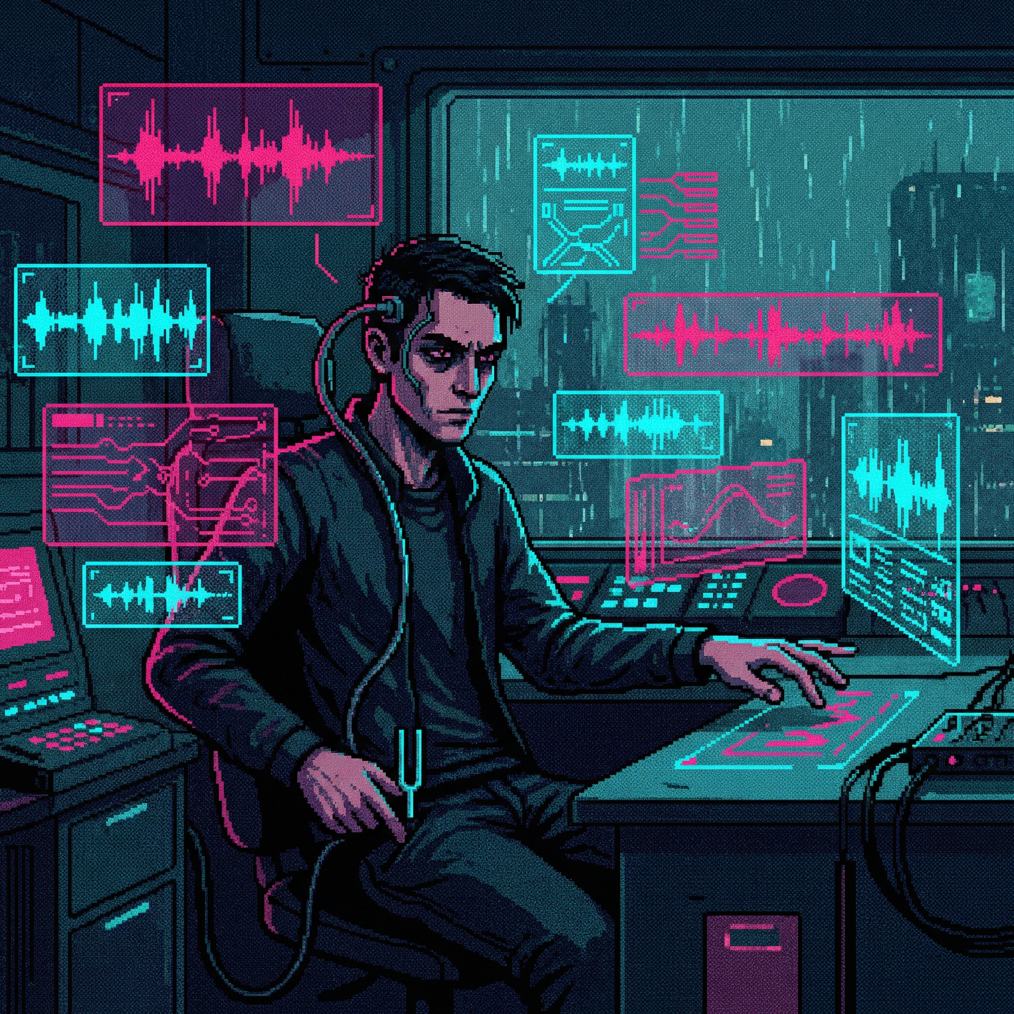 Kael Mercer - A lean man with dark intense eyes in a sealed studio surrounded by holographic waveforms