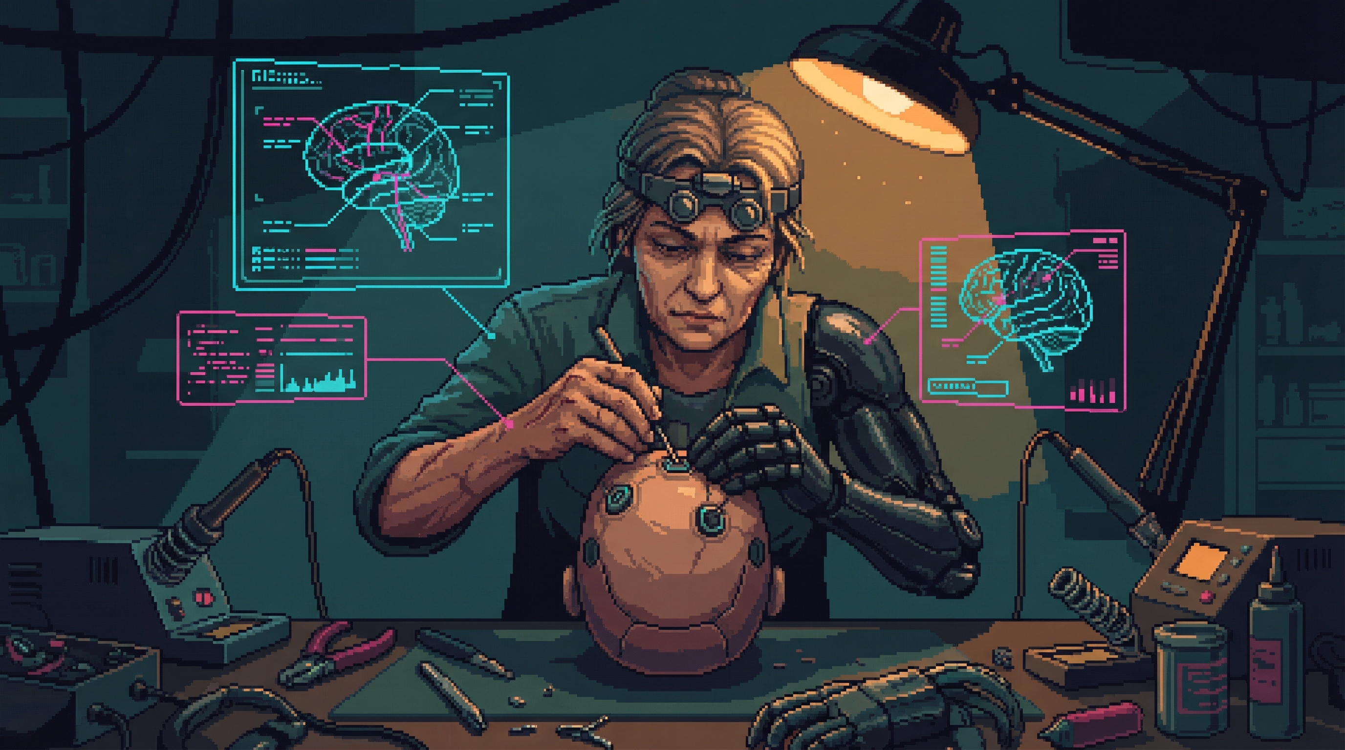 Patch performing delicate neural interface surgery in the dim warmth of the Cathodics, diagnostic readouts floating in the dark