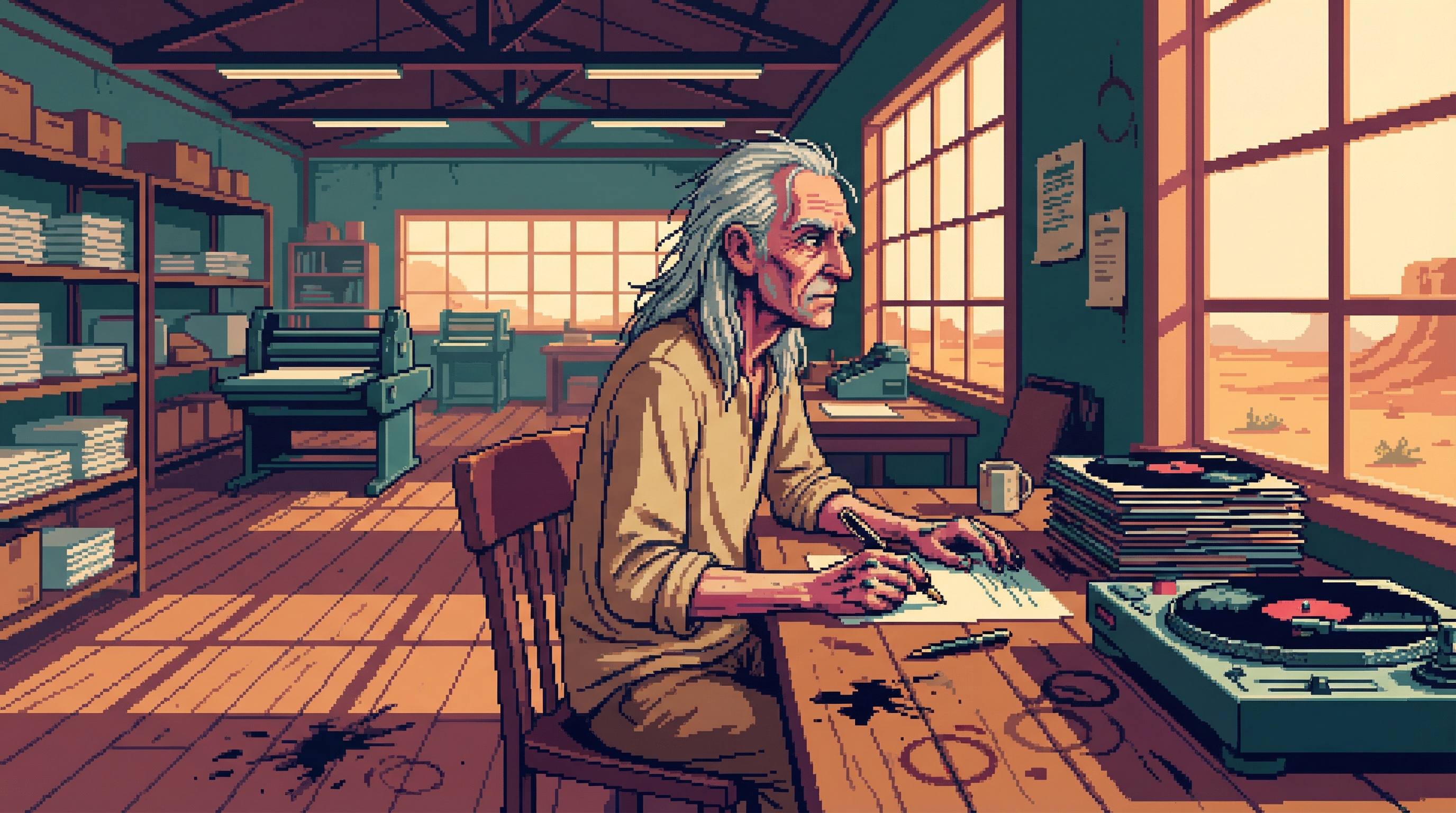 Orin Slade - Tall thin elderly man with silver hair at a desk by a window, fountain pen in hand