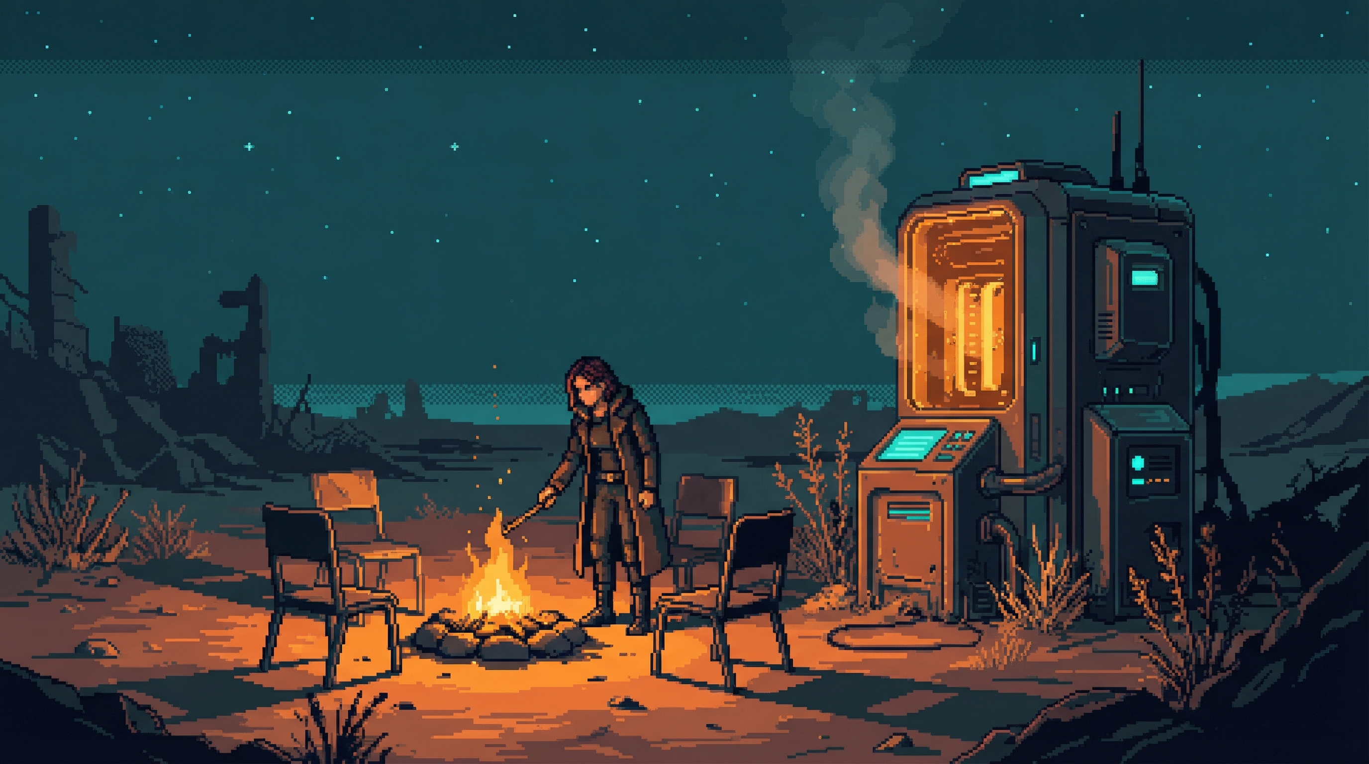 Sister Maren at the Rust Point Listening Post — amber firelight against the Wastes