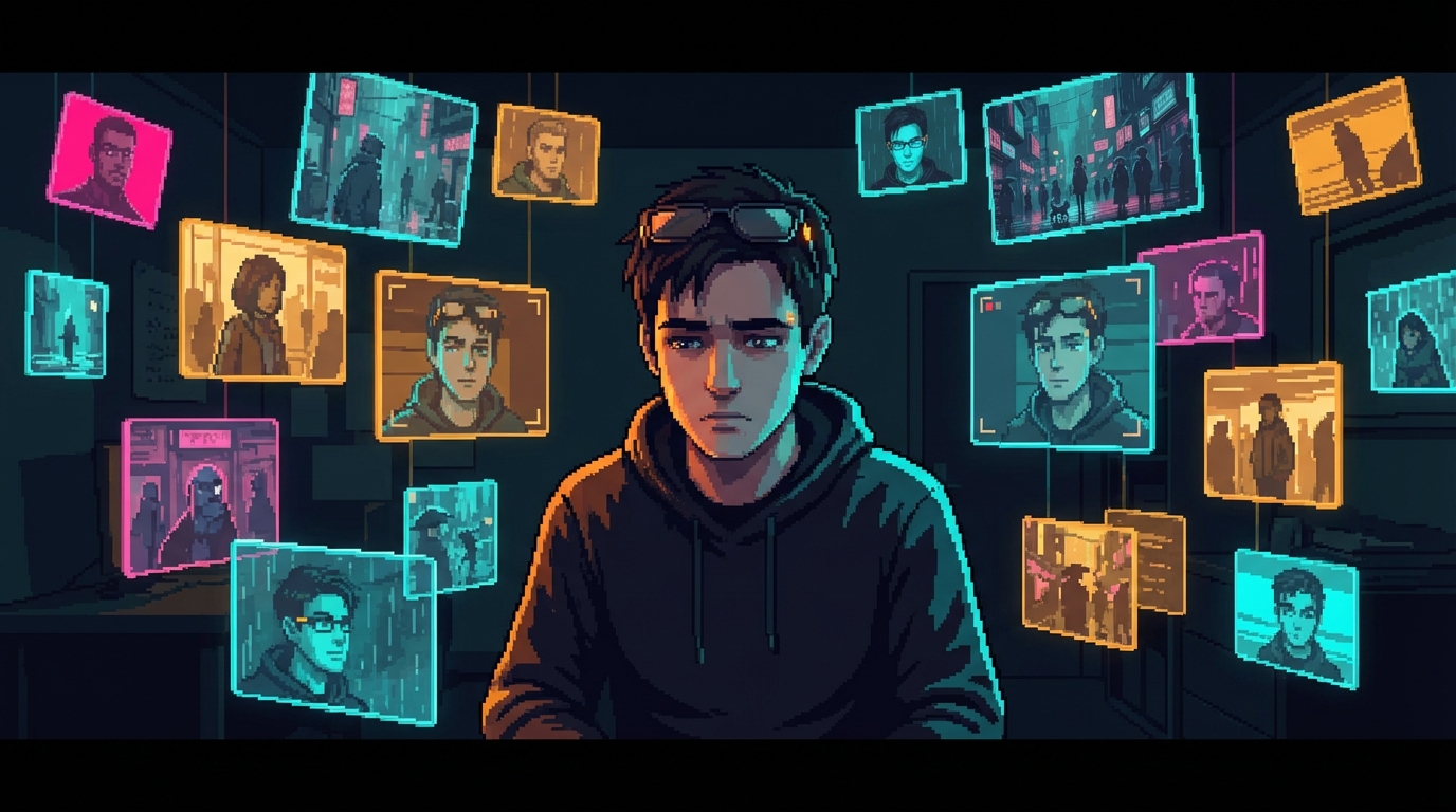 Sponge surrounded by floating holographic screens of years of documentary footage