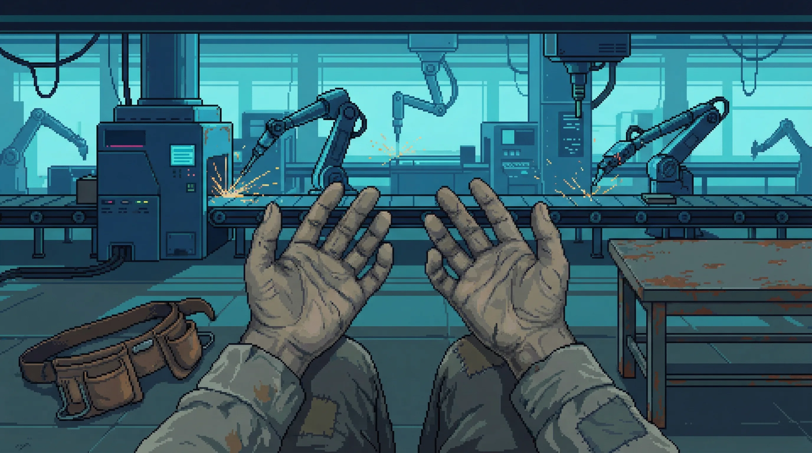 A pair of weathered human hands with nothing to hold, open and empty, against an automated factory humming with cool blue efficiency, robotic arms working with no humans in sight