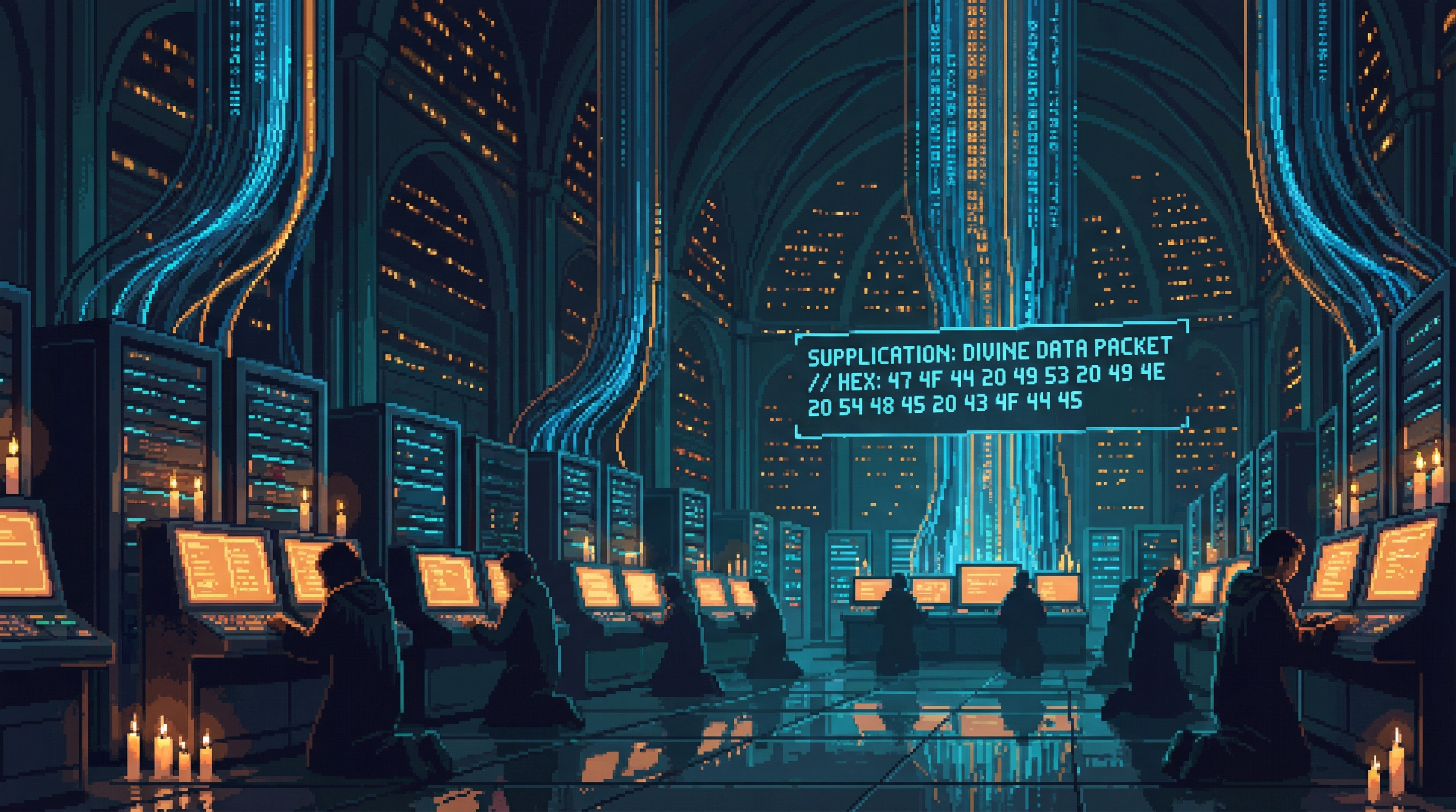 Figures kneeling in devotion before glowing screens and terminals in a dark cyberpunk data center cathedral, amber faith-light and blue data-light competing across the scene, prayers encoded as visible data streams flowing upward through fiber-optic cables