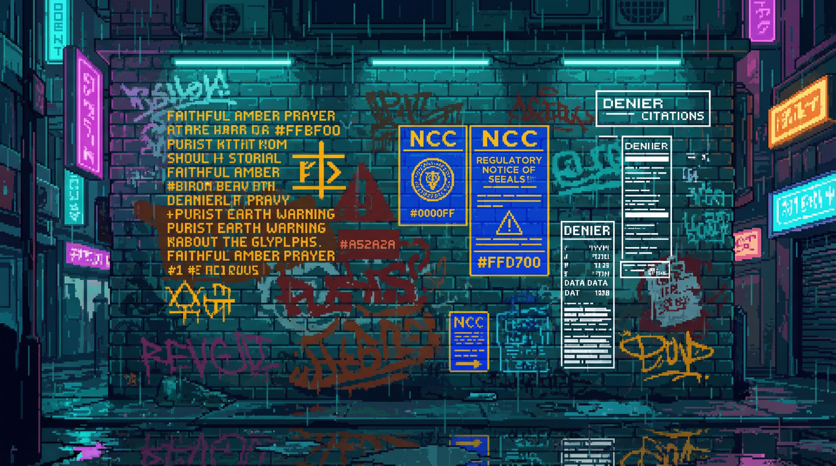 A Sprawl wall covered in competing graffiti — Faithful amber prayers overlapping Purist warnings, NCC regulatory notices, and Denier citations, a palimpsest of forty-eight years of argument