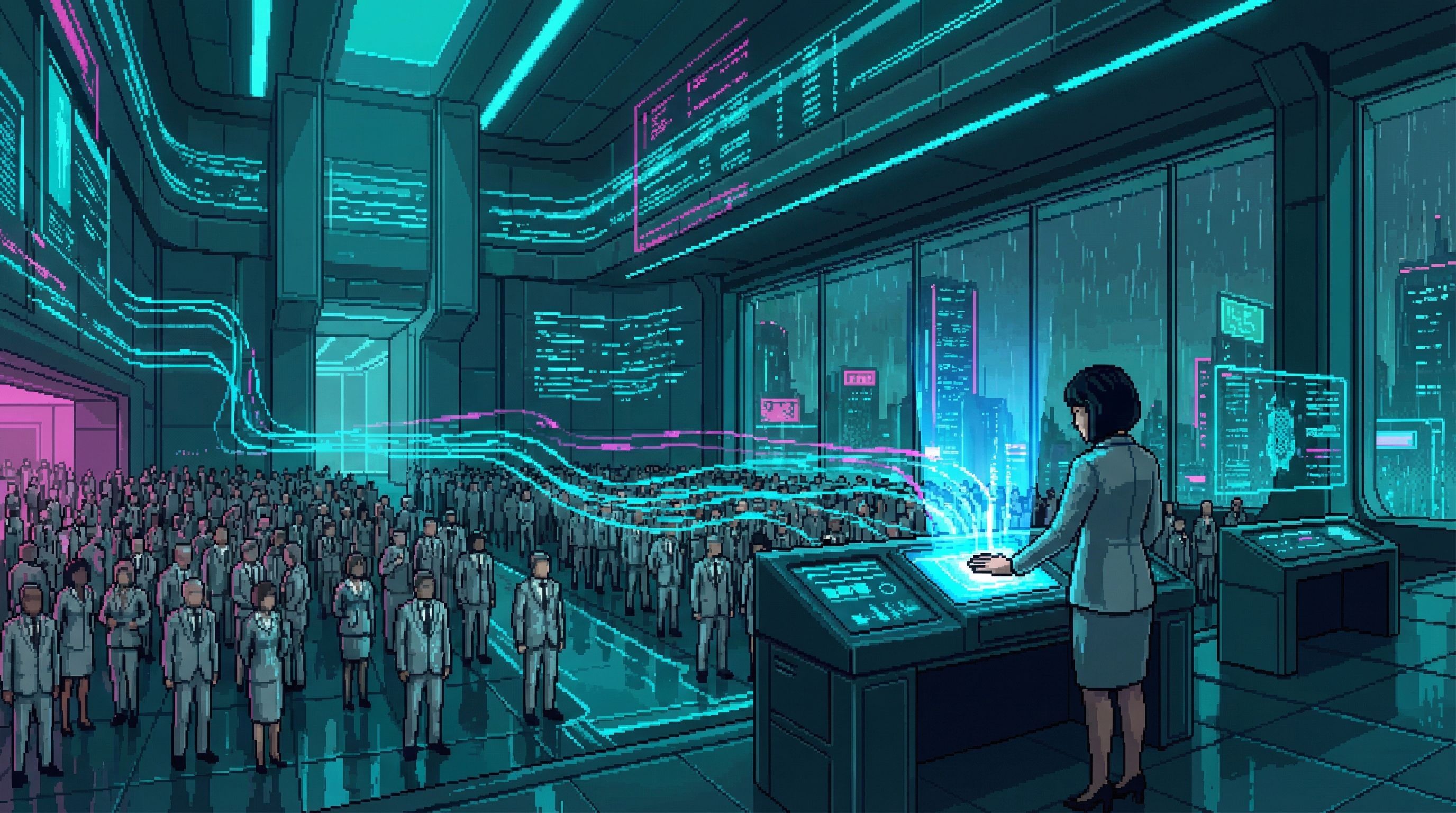 Massive gleaming ceremony hall in Nexus Core, Dr. Tanaka at the bio-scanner console, holographic data streams flowing across the ceiling, ORACLE's blue light emanating
