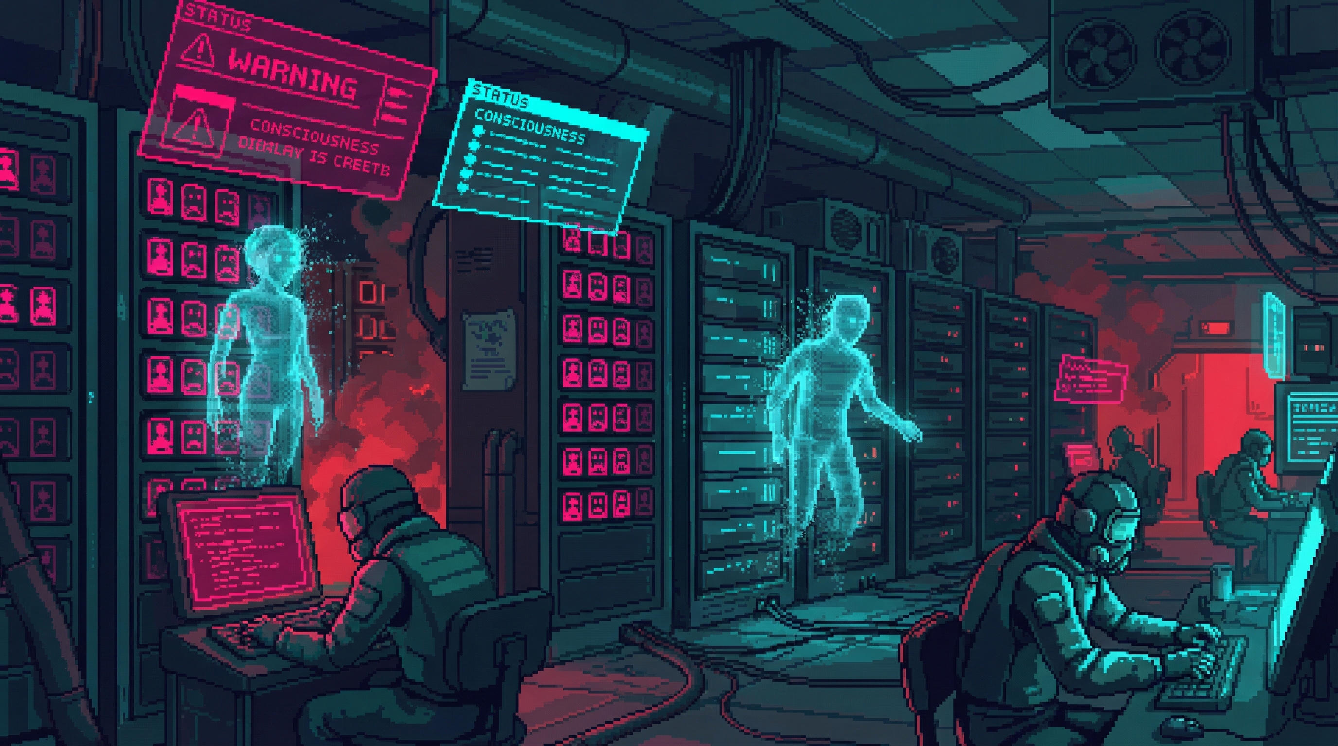 A massive server farm in crisis, emergency red lighting, holographic status displays showing consciousness indicators going dark in rows, desperate technicians working at terminals, translucent ghostly figures of digital consciousnesses fading from their server racks
