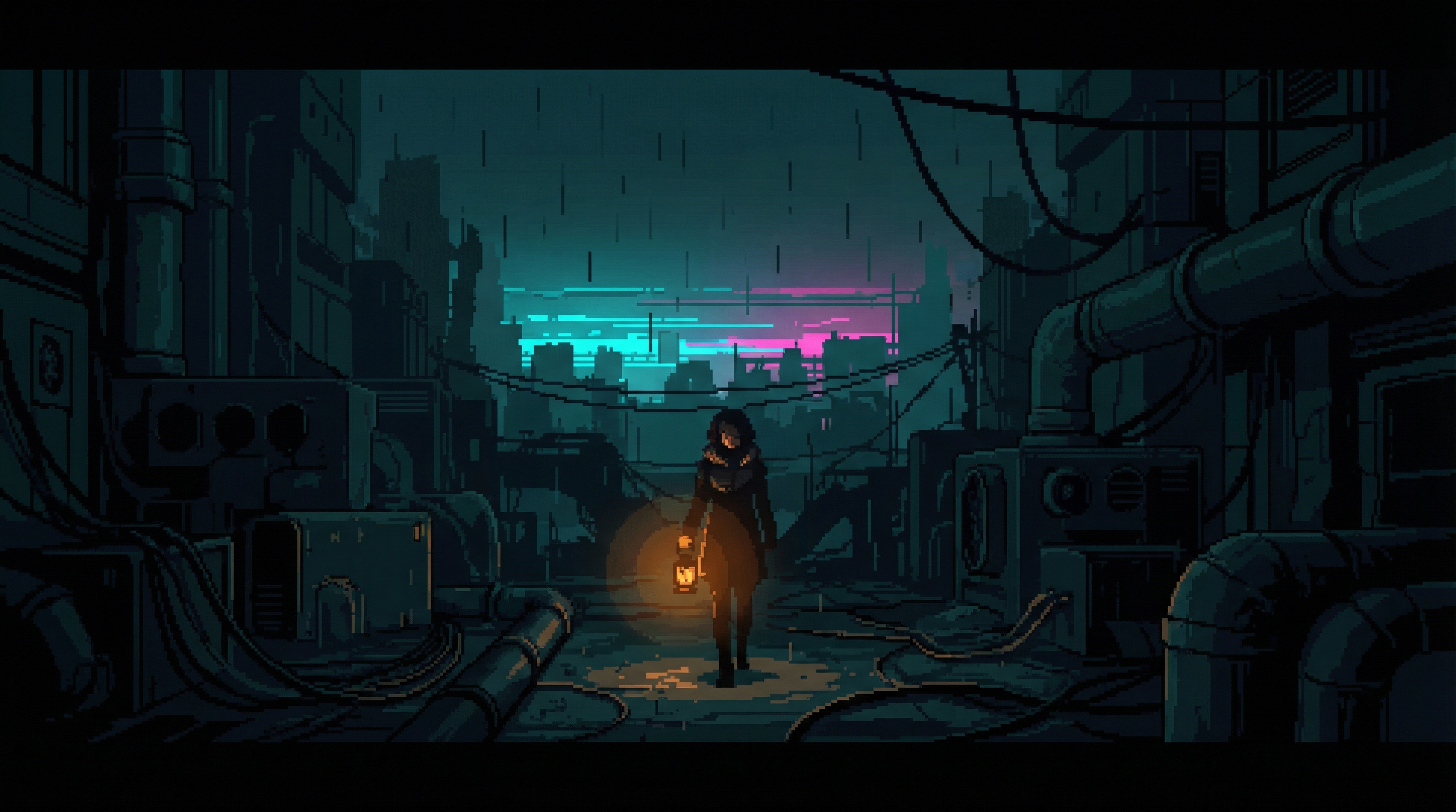 A dark cyberpunk district completely without power, a lone Lamplighter woman carrying a glowing lantern walking through dead infrastructure corridors, distant glow of adjacent powered districts on the horizon