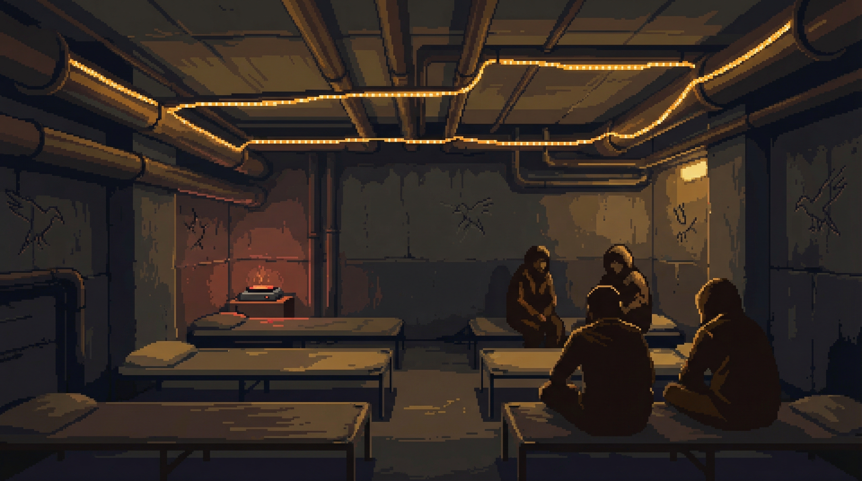 A dimly lit underground safe house with amber LED strips along the pipes, cots arranged in rows, and refugees huddled together. Bird symbols scratched into concrete walls.