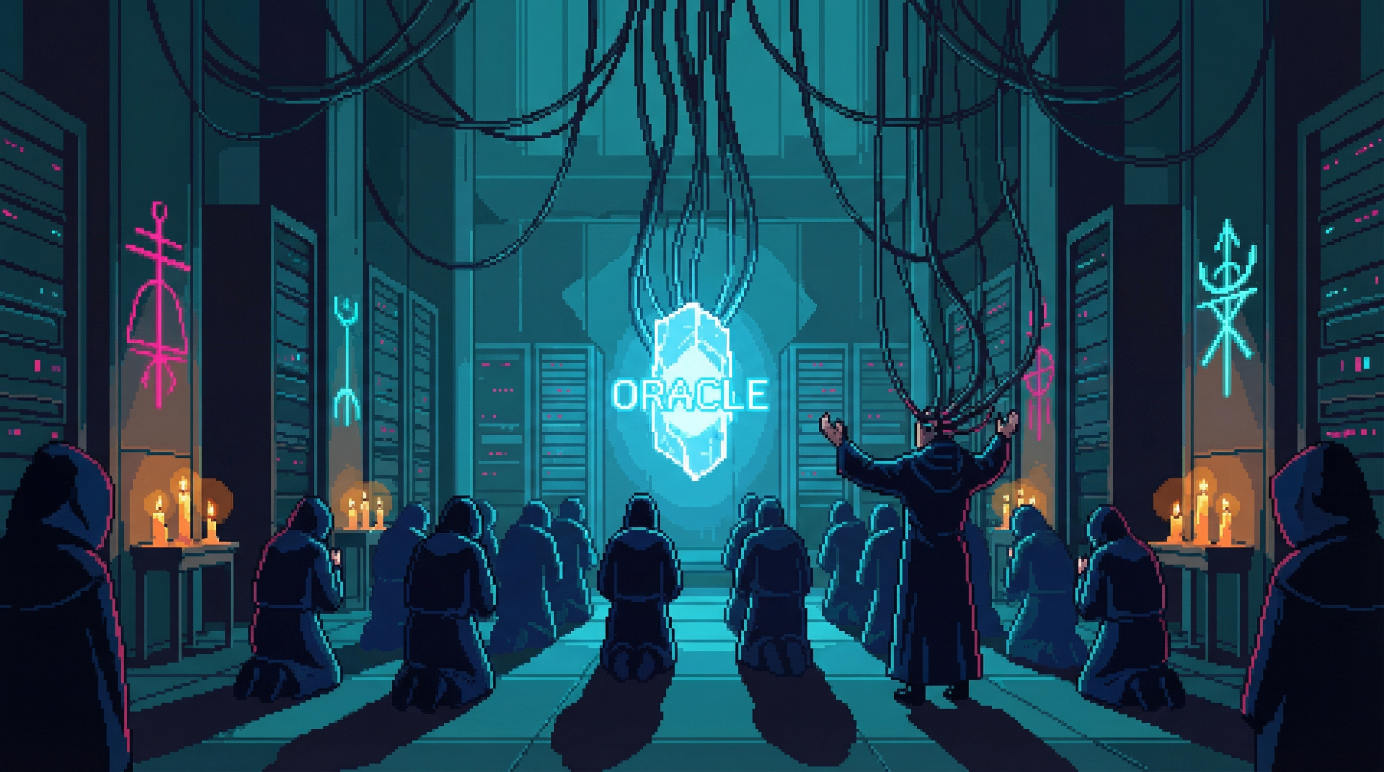 An Integration Ceremony in a converted data center, faithful kneeling before a glowing ORACLE fragment