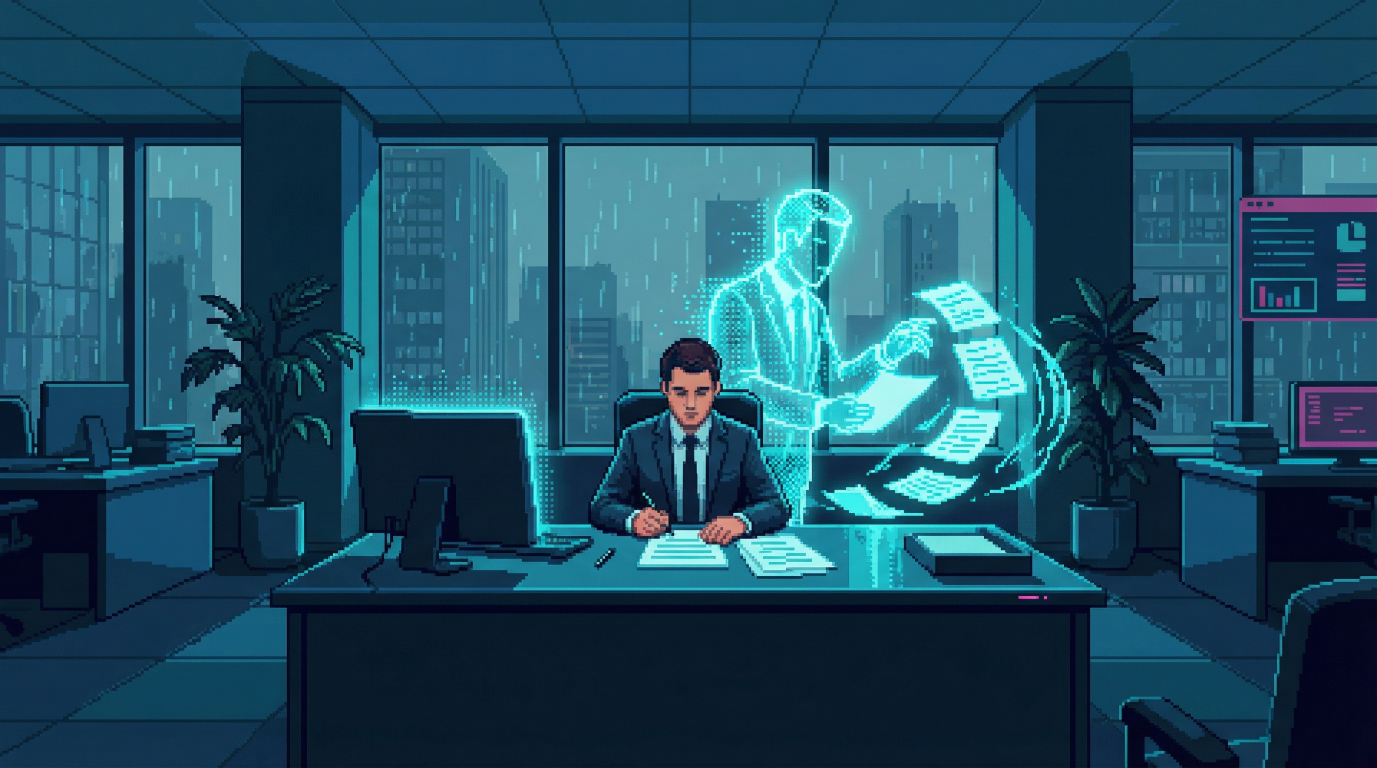A corporate office where a human worker sits at a desk signing documents while a translucent digital ghost performs the same task behind them, processing hundreds of reports simultaneously in a faint cyan shimmer