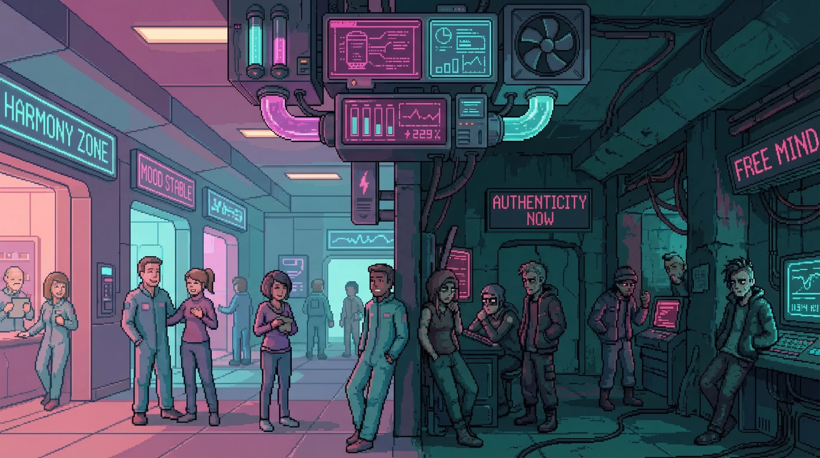 The atrium of Bunker 2201 — warm light, unanimous vote display, engineered peace