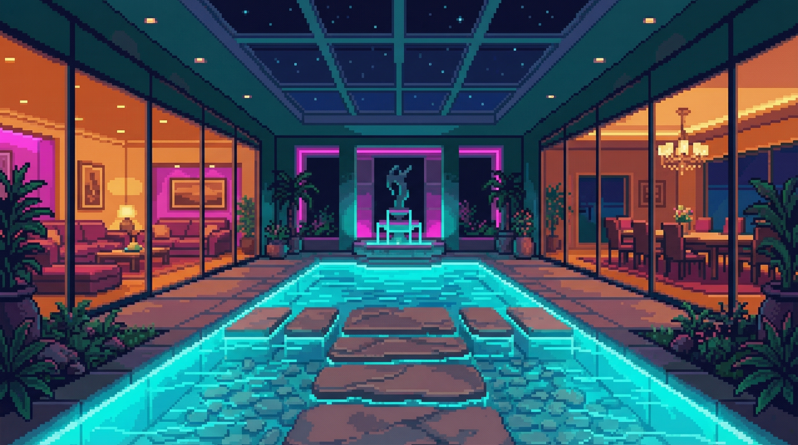 The Courtyard - stone stepping stones through the indoor pool