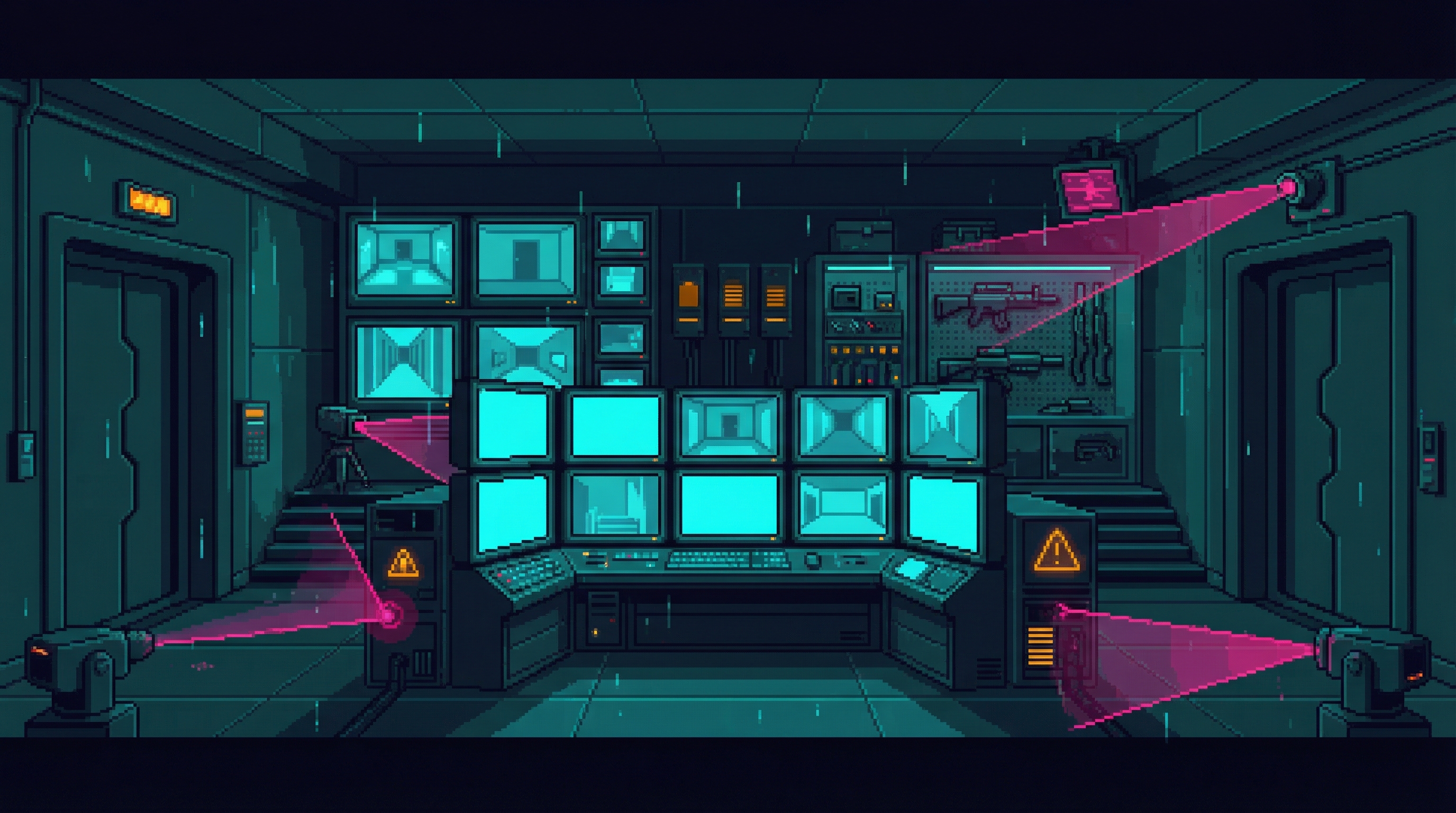 A ghostly shape emerges from security feed static - ears, tail, watching