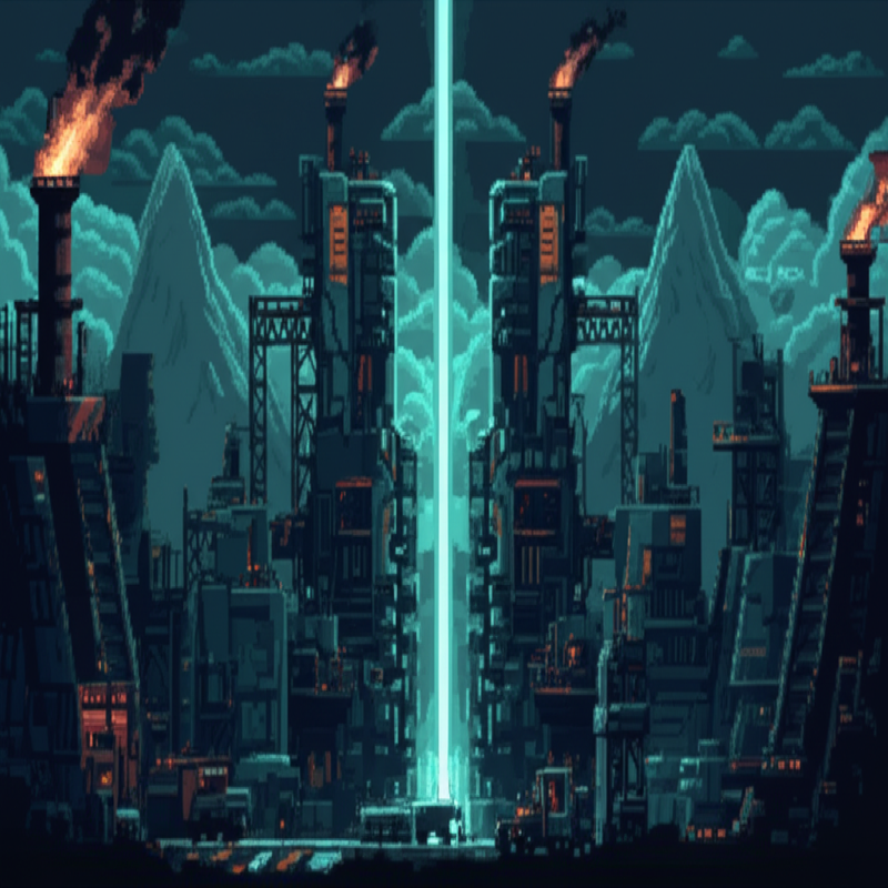 Ironclad Fortress - Brutalist military-industrial complex with the Orbital Elevator tether rising into the sky