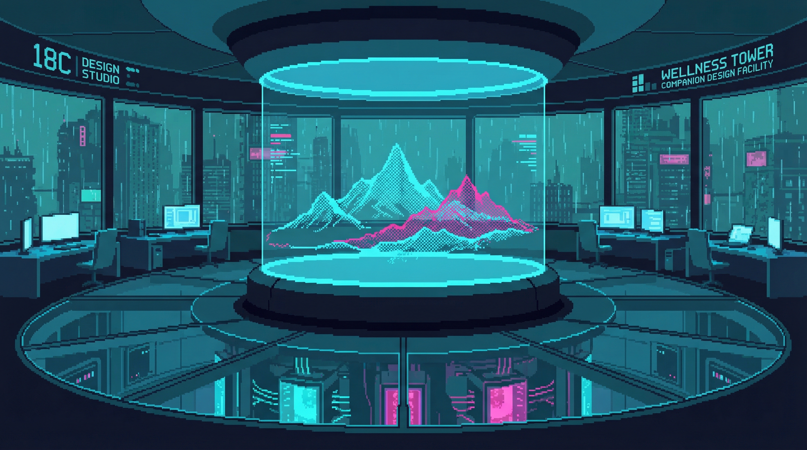 The Matching Floor — a cold blue circular room with a central holographic topology display, workstations in cool light, processing cores humming beneath the floor