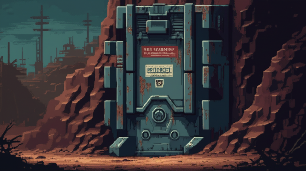 Sealed blast doors of an Emergency Continuity Shelter in the Wastes landscape