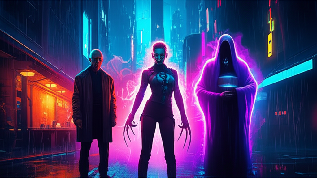 Three figures standing as constants against a backdrop of the player's transformation across the ages