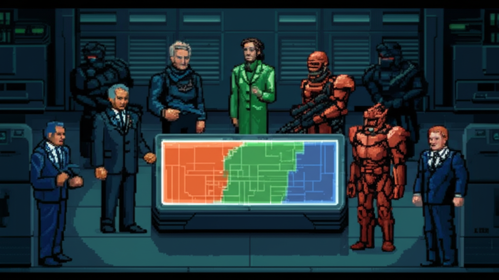 Corporate cold war standoff - executives facing off over territorial map