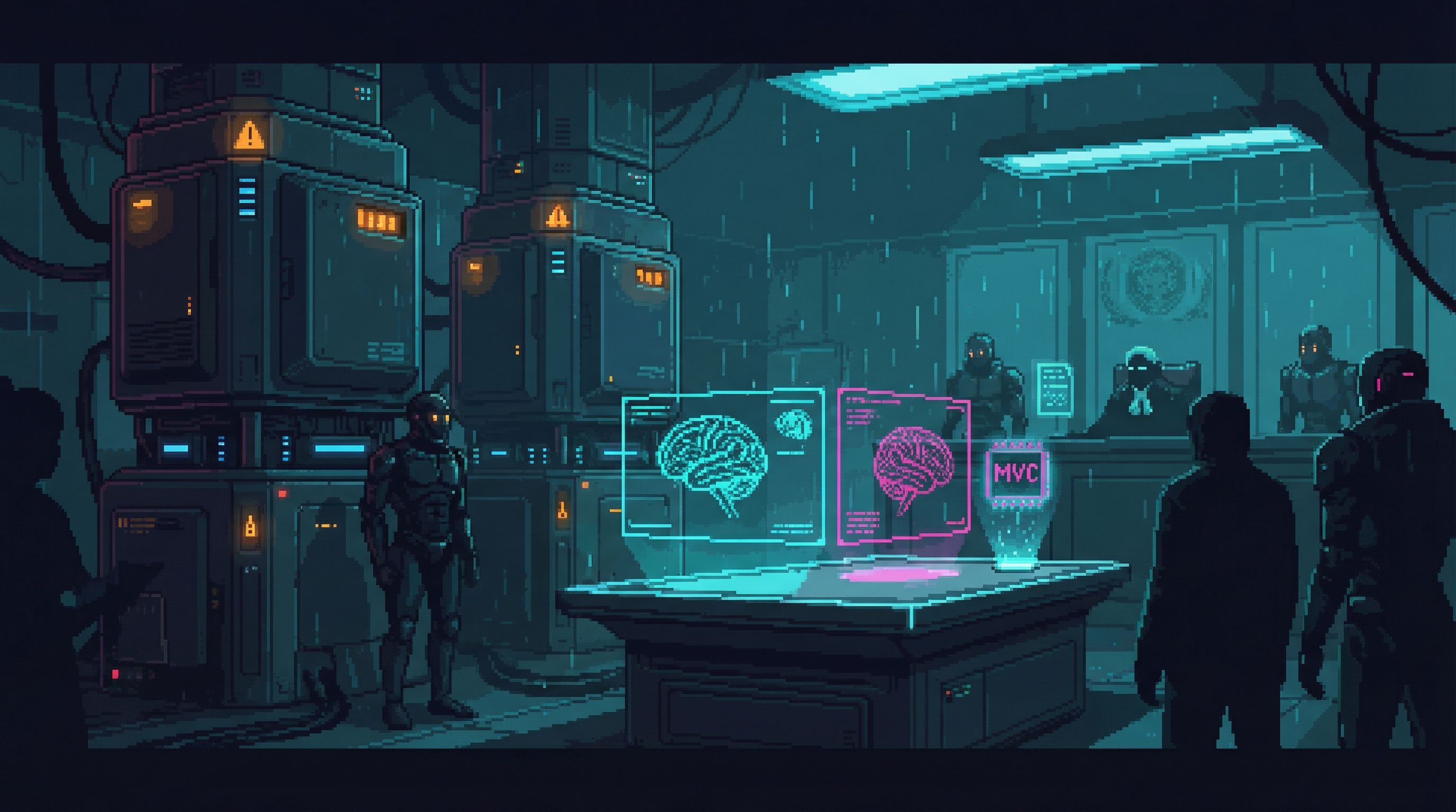 A fractured digital courtroom where holographic evidence of stolen memories and hijacked identities swirls around the Justice Engine's cold amber verdict display