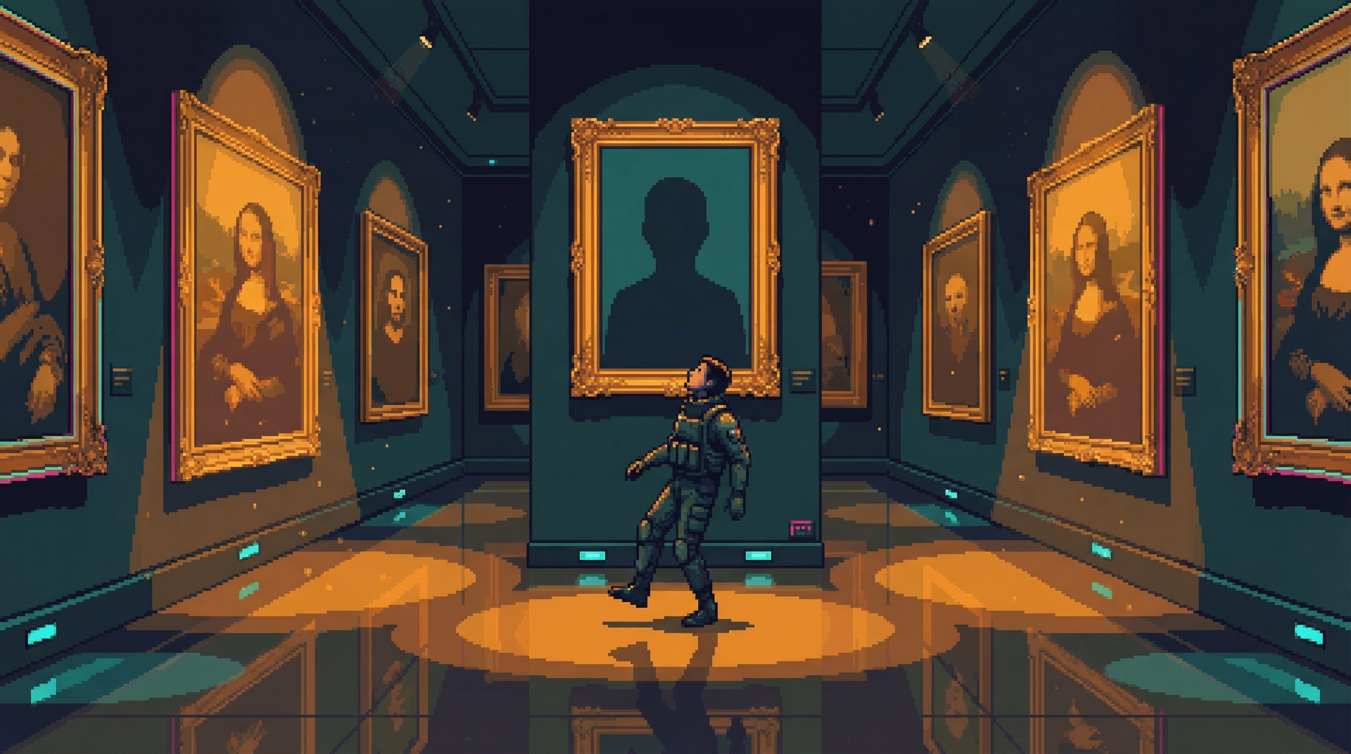 A figure in tactical gear stands frozen in a museum gallery, paintings with watching faces lining the walls under warm spotlights