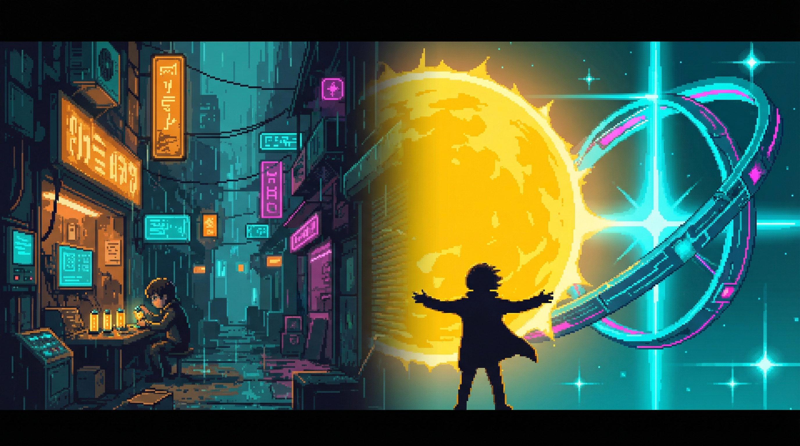 Split scene: a figure counting power cells in the cramped Dregs on the left transforms into a silhouette gazing at a harvested star on the right