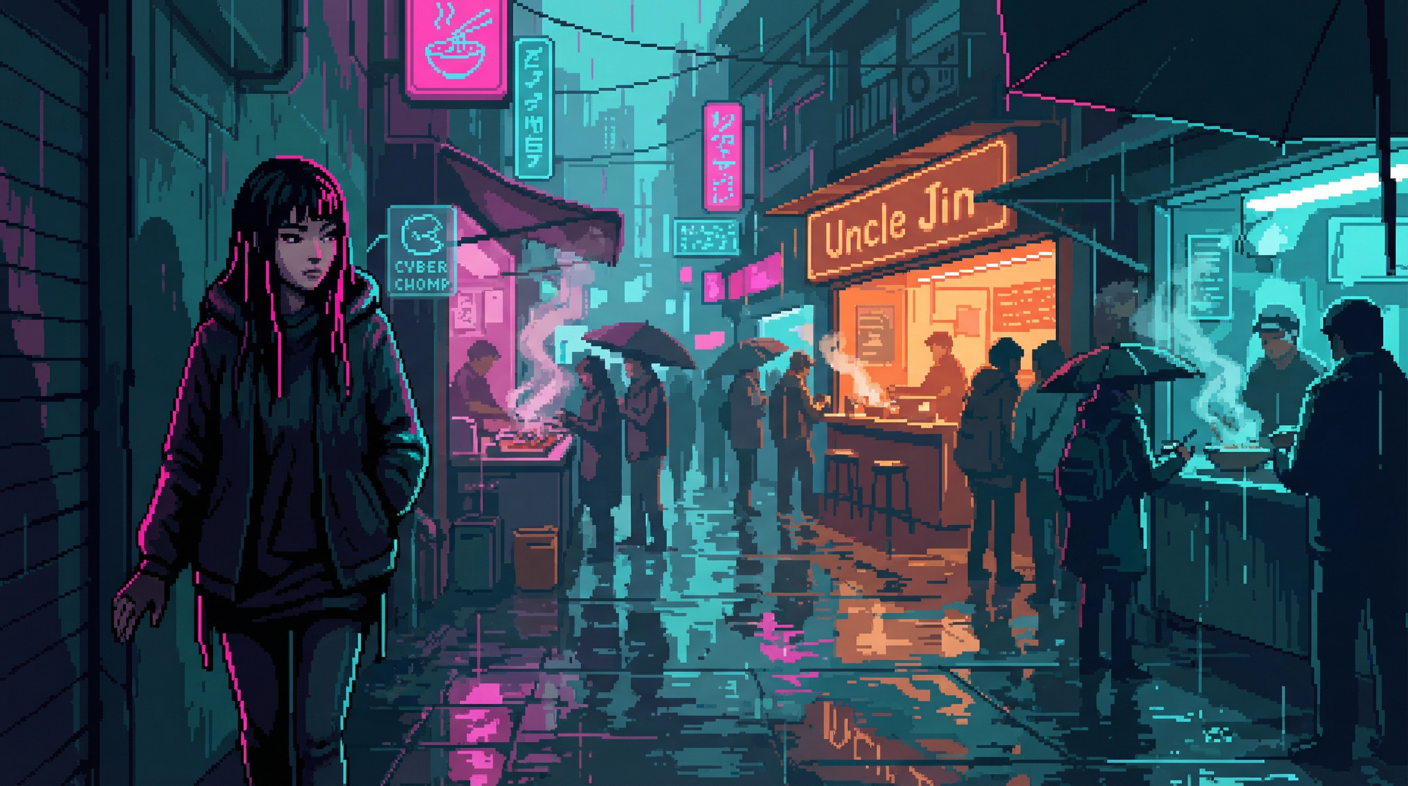 GG moving through the rain-slicked Dregs at night, keeping to the shadows between market stalls