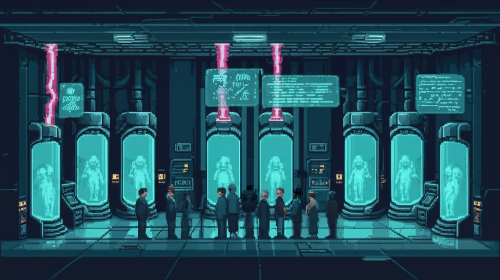 The Great Migration - consciousness upload facility with wealthy citizens entering glowing pods