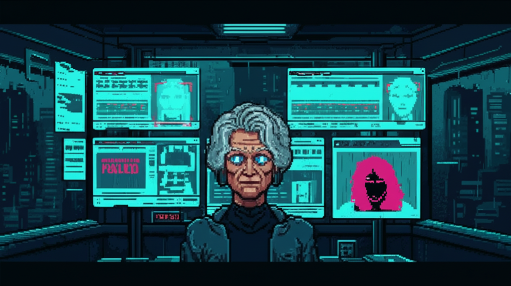 Helena Voss reviewing surveillance data on GG