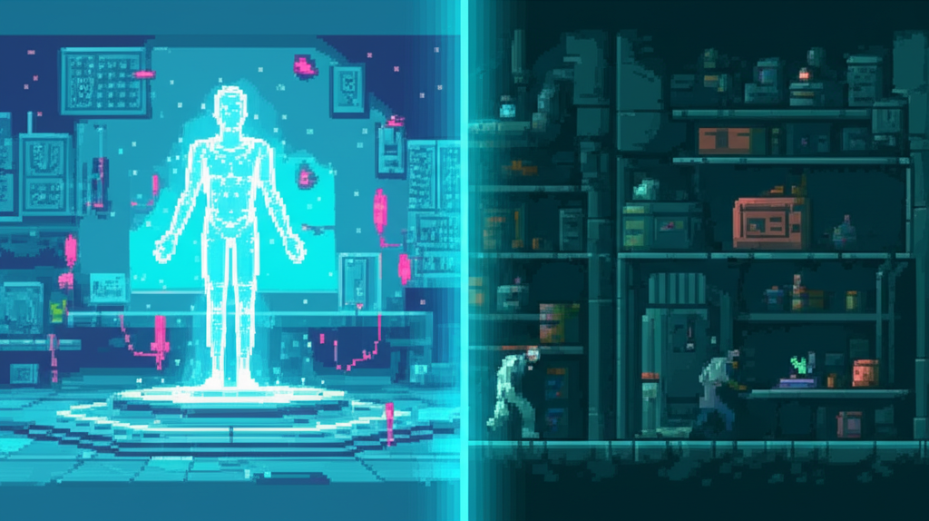 The Immortality Gap - split scene showing wealthy digital avatar versus poor biological worker