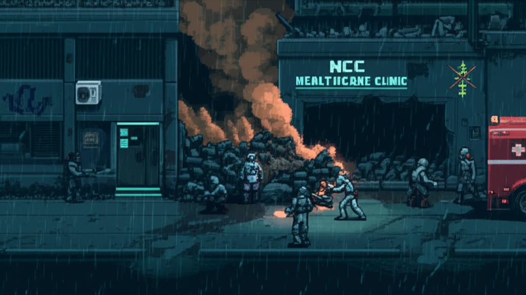 Aftermath of the Basilica Bombing: emergency responders at the destroyed NCC clinic