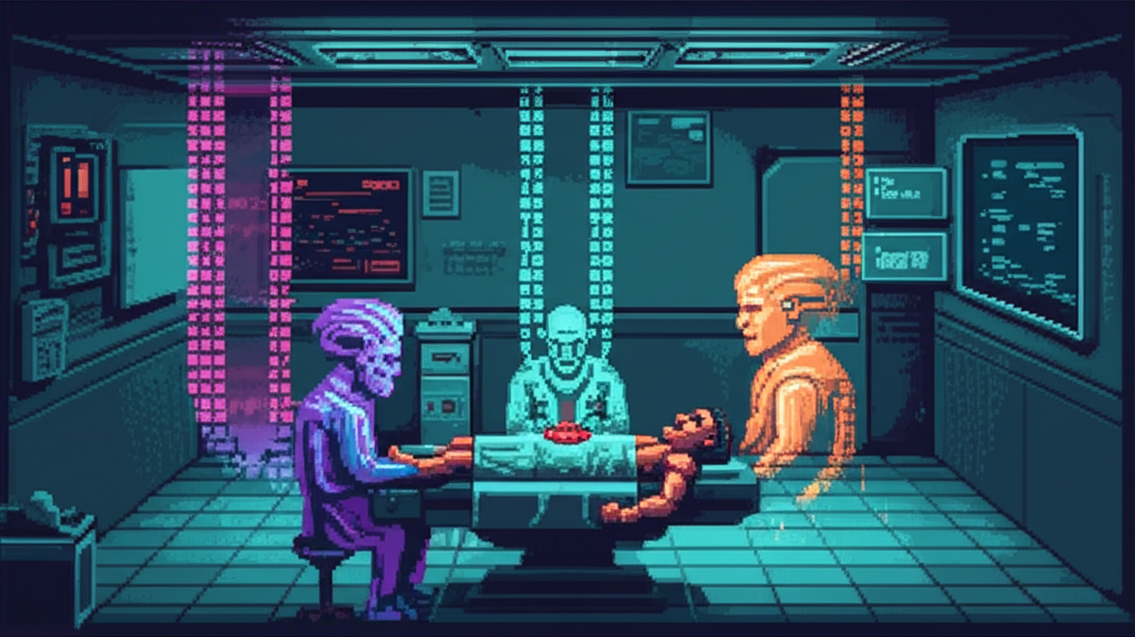 Ripperdoc surgery scene with three ORACLE fragment personalities manifesting as ghostly holographic figures - purple Prophet with probability streams, blue Accountant with cascading numbers, orange Watcher with surveillance feeds