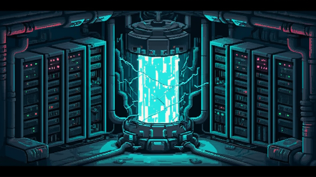 Quantum computing core chamber with glowing crystalline containment