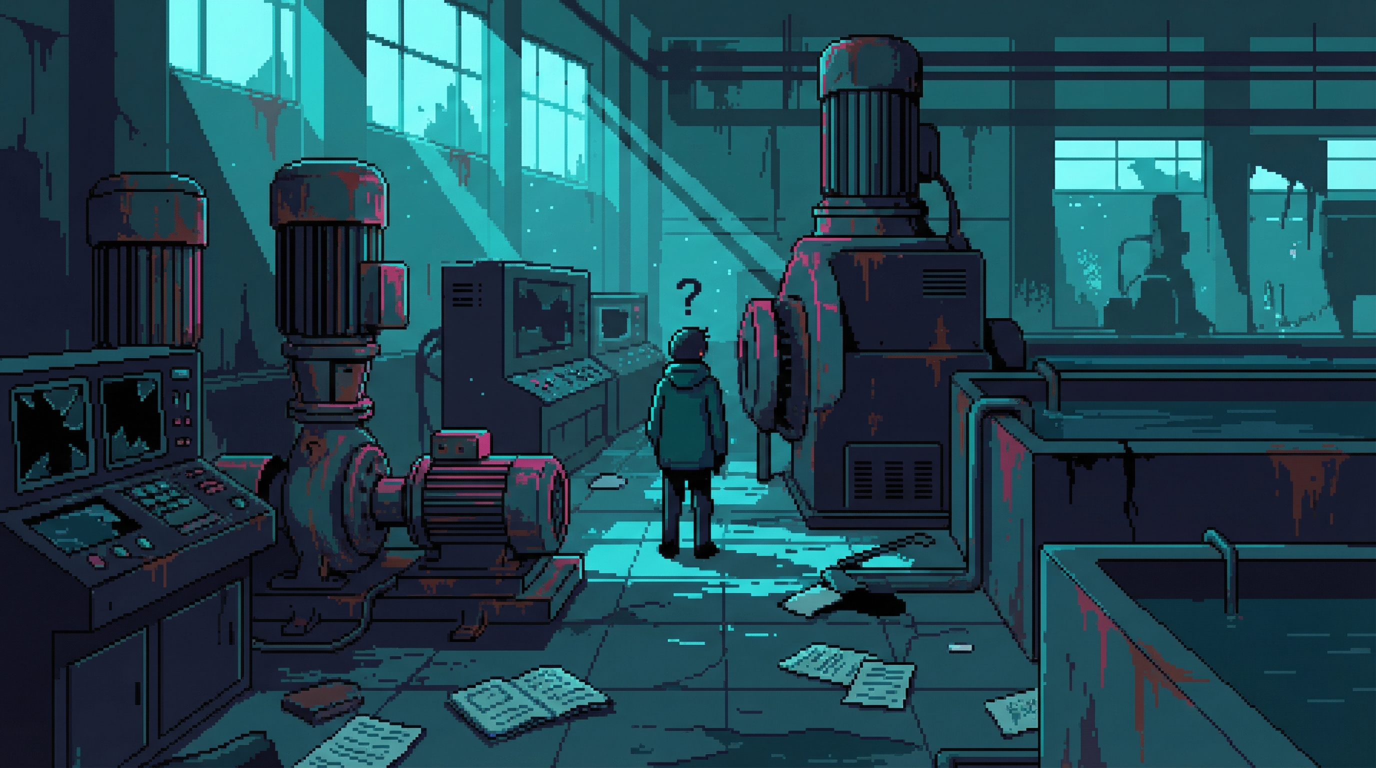 An abandoned water treatment facility with silent pumps and dark control panels, a lone engineer staring at machinery they cannot understand, dust settling in shafts of light through broken windows