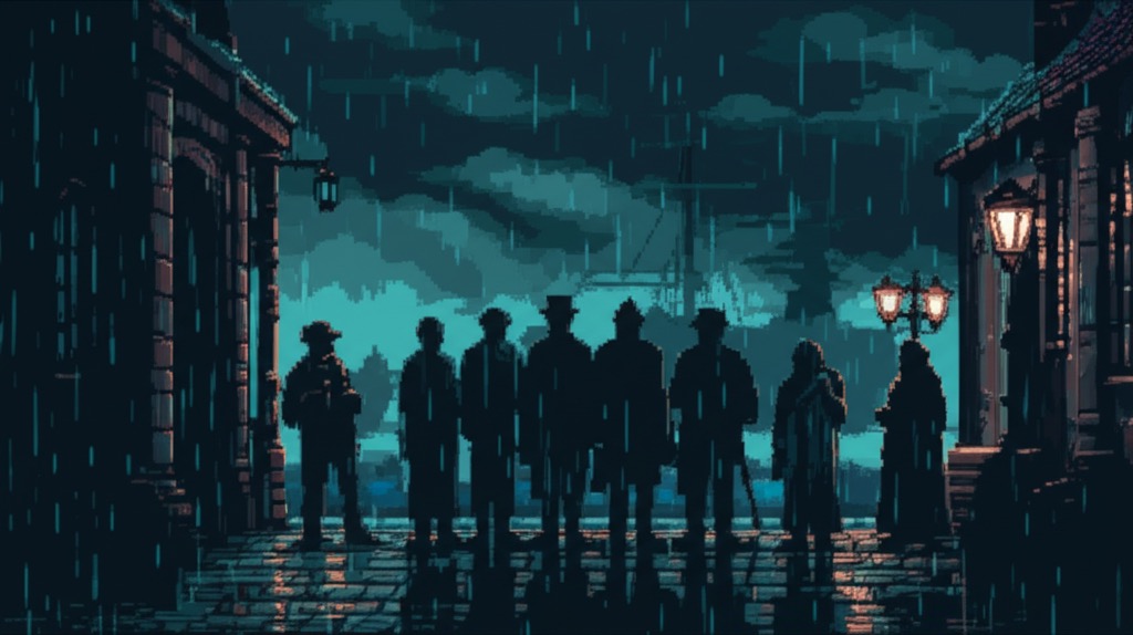 Seven silhouetted figures on the rain-soaked London docks at night, refugees who will become empire builders