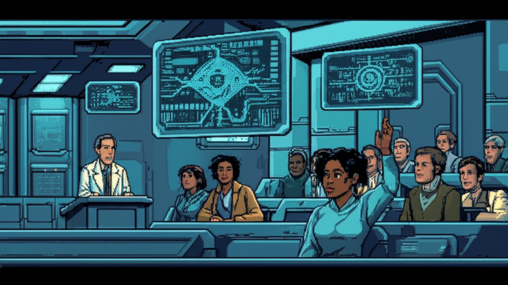 Young Amara in a lecture hall raising her hand while Dr. Sauer notices her from the podium