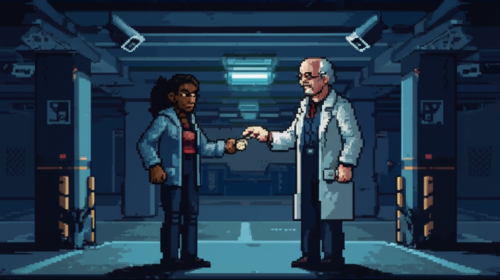 Dr. Sauer handing a data chip to Dr. Amara in a dark parking structure, surveillance cameras overhead