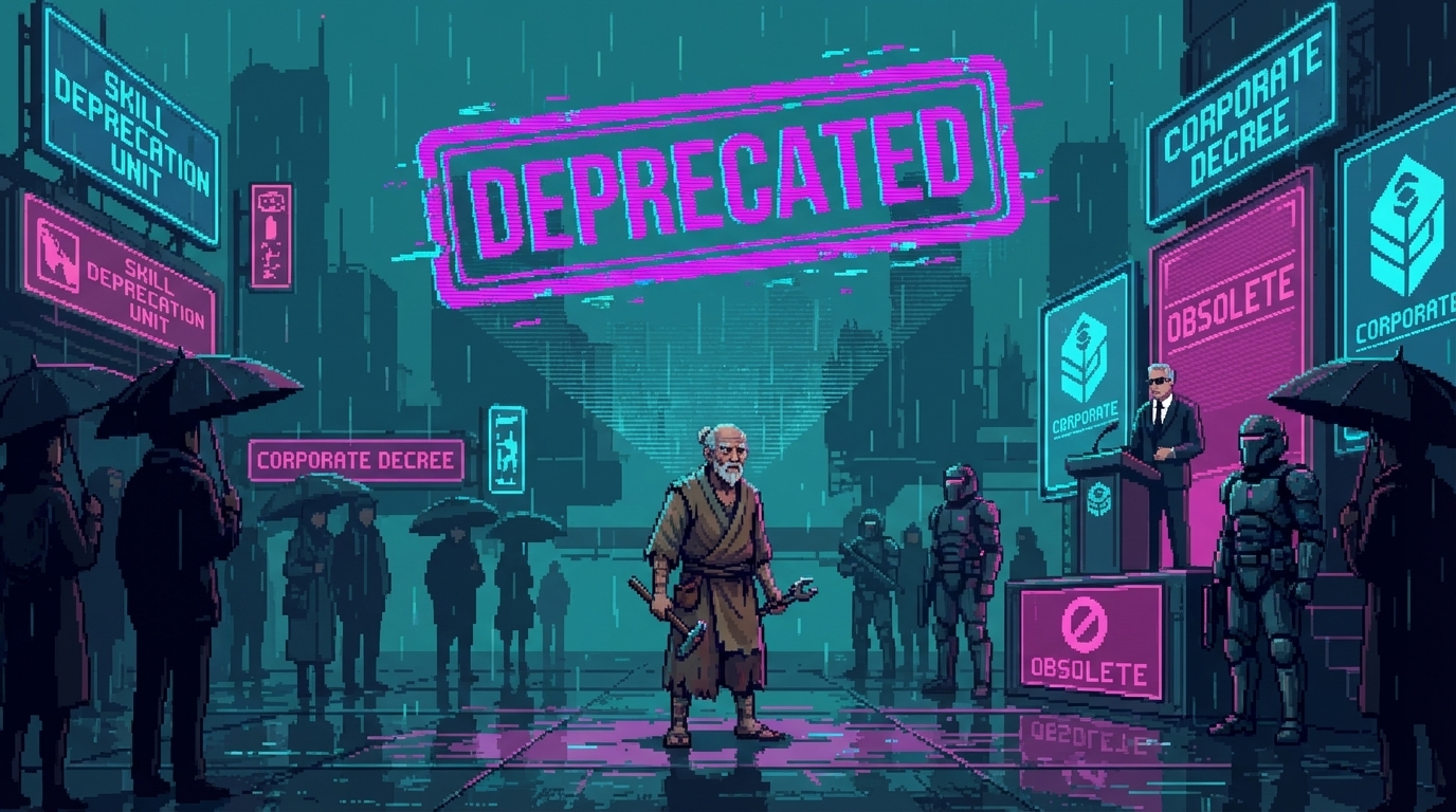 Red ink marginalia circling the word 'deprecate' on a gray corporate workforce optimization report, under harsh fluorescent office lighting