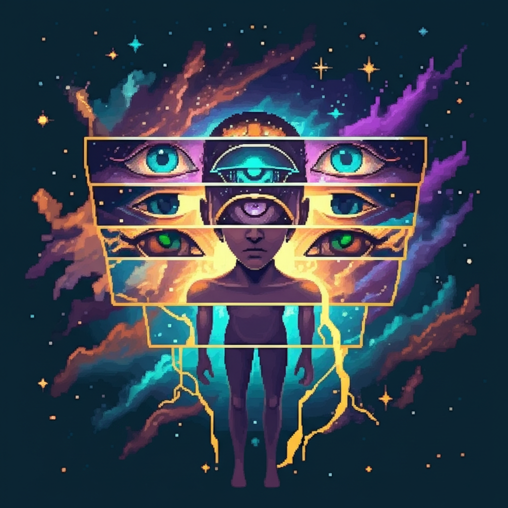 A figure perceiving reality in impossible dimensions, time and space fracturing into visible layers, geometric patterns overlaid on cosmic scenery