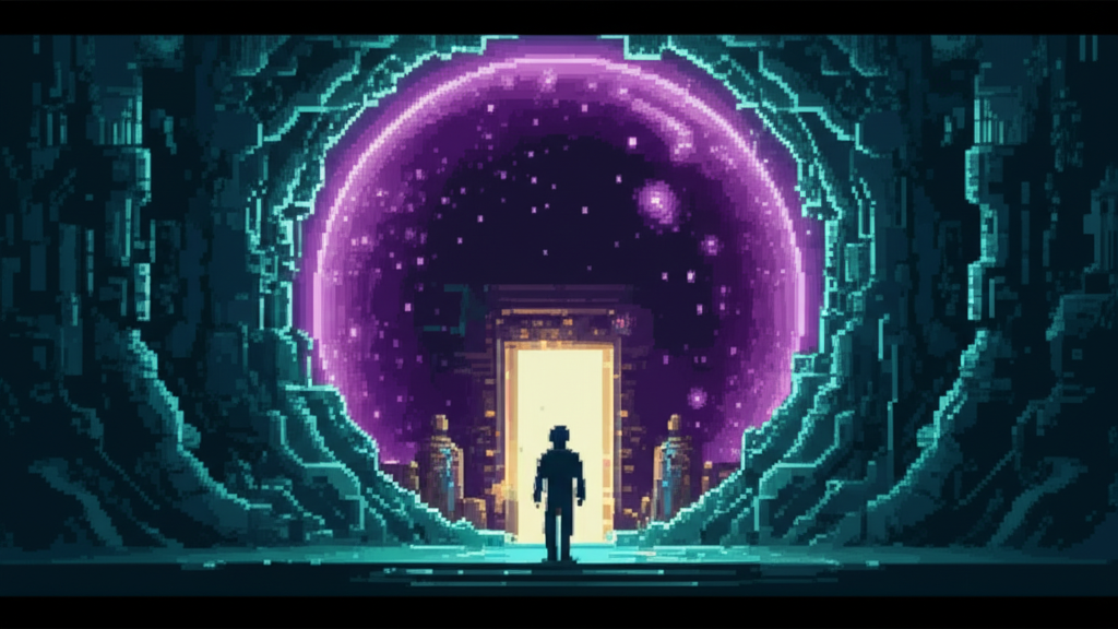 A lone figure standing before the Omega Point Catalyst - a massive spherical structure existing in more dimensions than possible, a doorway of pure golden light beckoning