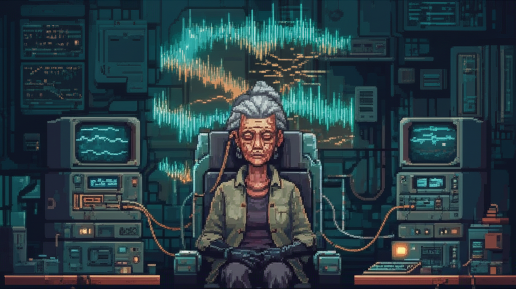 A woman sits motionless in a workshop chair, neural interface cables running from the port behind her ear to diagnostic equipment. Her eyes are closed, her face peaceful, while holographic readouts display cascading brainwave patterns around her head.