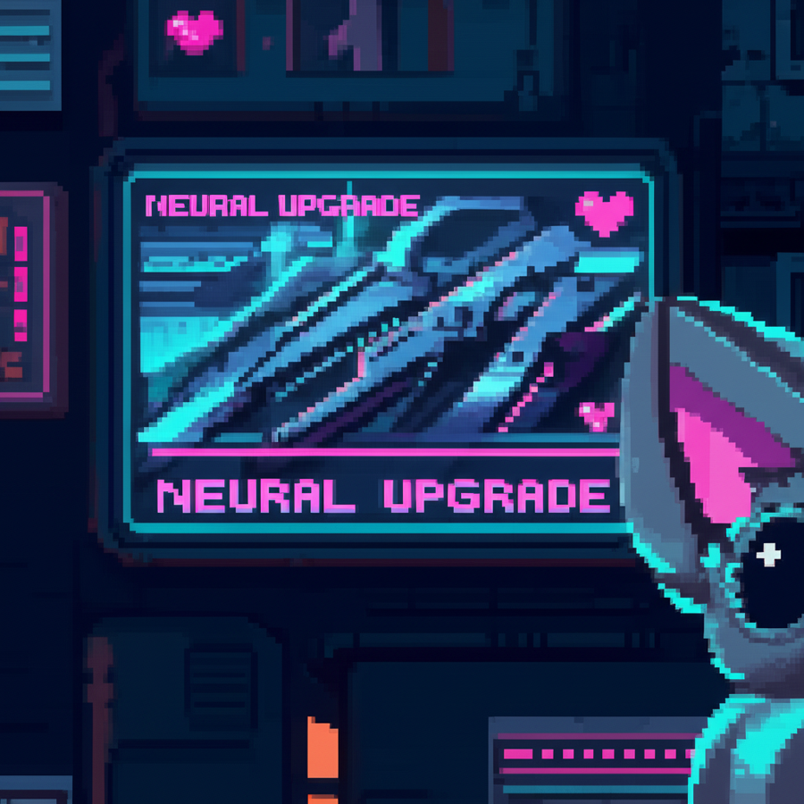 A holographic ad glitches, revealing the suggestion of fluffy digital ears and curious eyes hiding in the corner