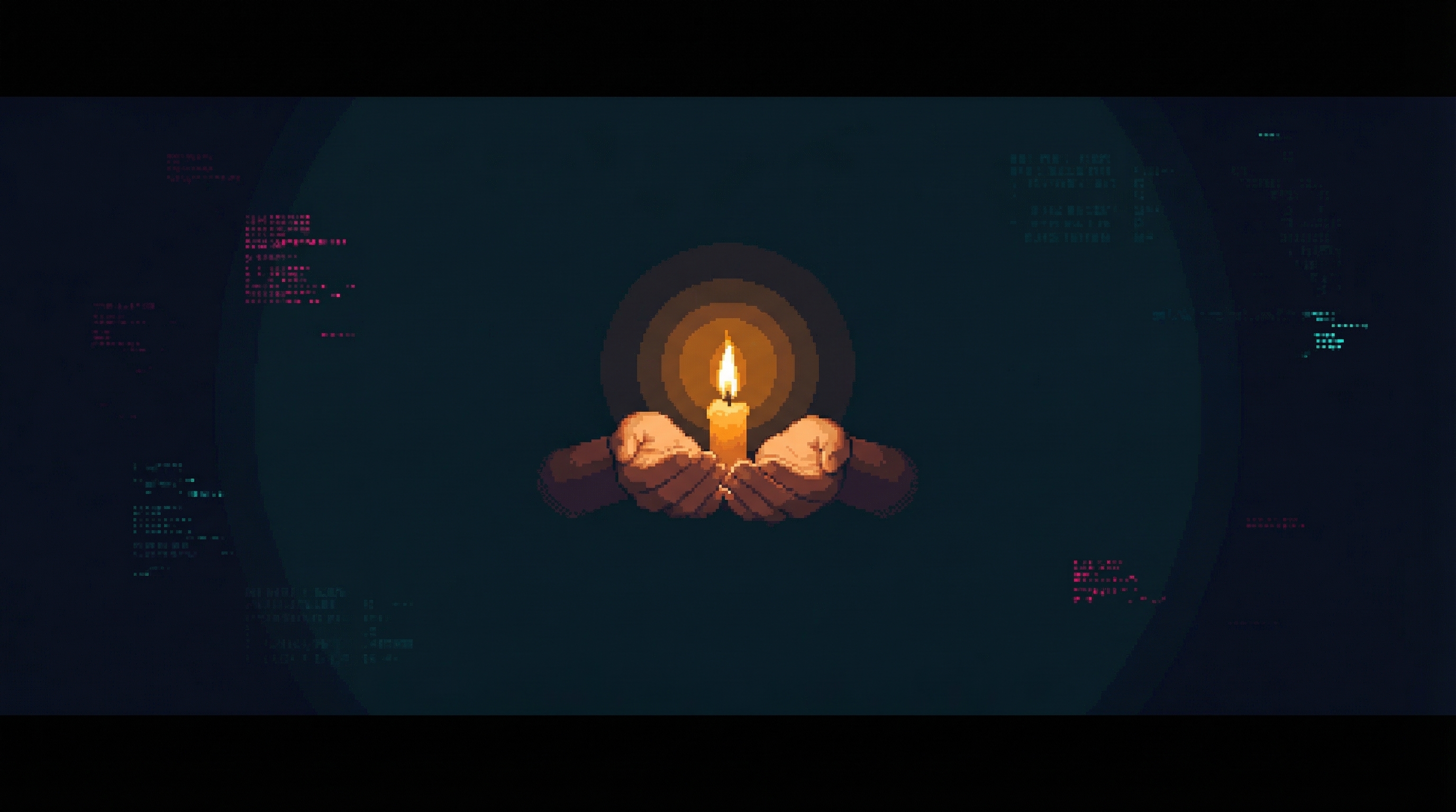 A single candle flame burning in darkness, casting soft light on a woman's hands, ghostly data patterns at the edges