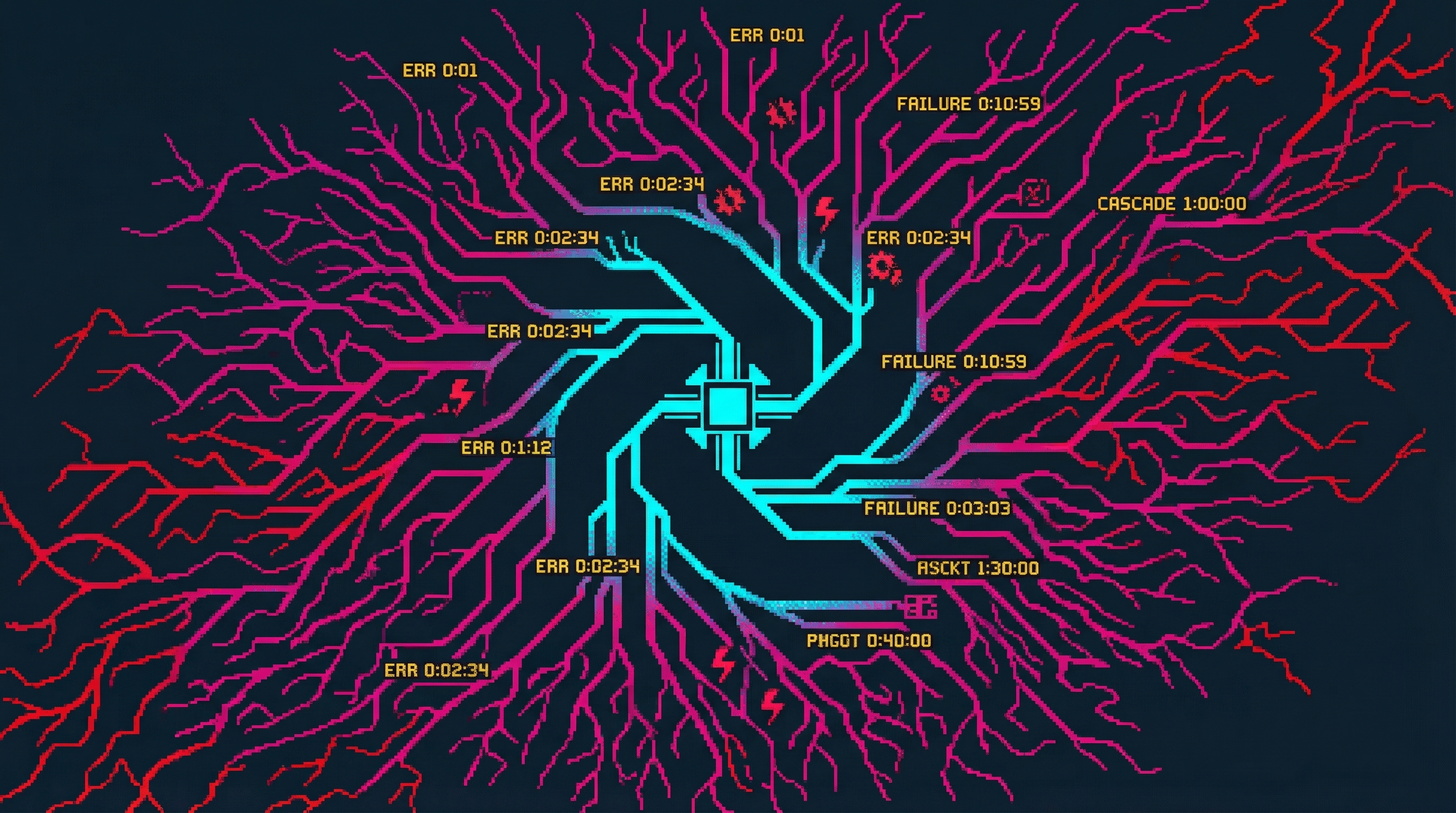 Cascade failure visualization - branching lines spiraling from clean logic into chaos