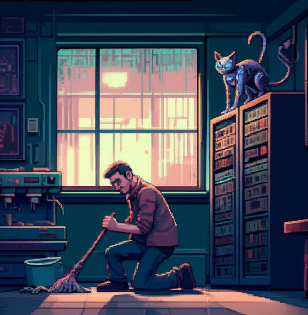 El Money on his knees scrubbing the floor at dawn, Ice the chrome cyber cat watching from atop a server rack