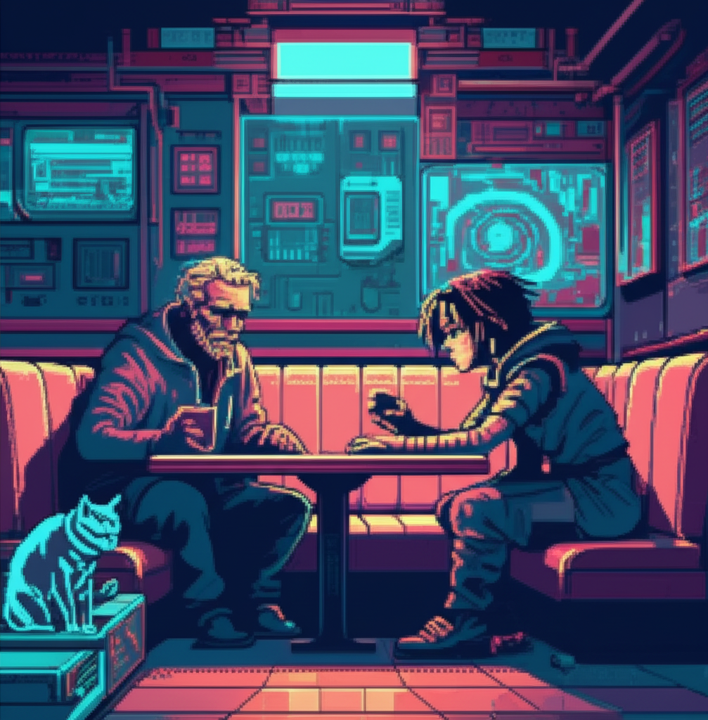 El Money in the back of a G Nook, talking to a young salvager across a booth