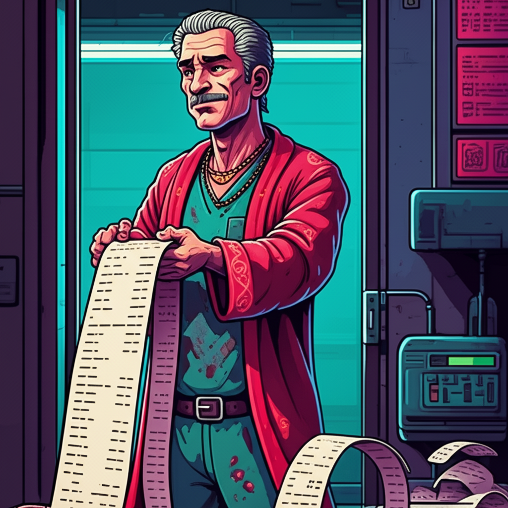 Dr. Tzu Yu holding the absurdly long receipt, completely neutral expression